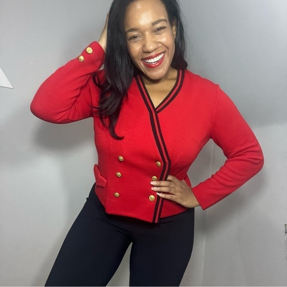 Vintage red double breasted knit cardigan wool sweater Medium preppy military - Picture 3 of 11